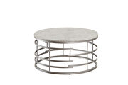 Faux marble top and silver finished round metal base sofa table main photo