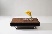 JM136A (Walnut) Walnut curved wood coffee table w/ chromed legs