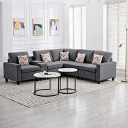 Nolan V Gray linen fabric 6pc reversible sectional sofa with usb charging ports cupholders and storage console table