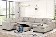Beige linen oversized sectional u-shaped sofa with storage ottoman main photo