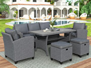 6-piece outdoor gray rattan wicker set patio garden backyard sofa, chair, stools and table main photo