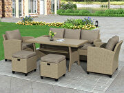 6-piece outdoor brown rattan wicker set patio garden backyard sofa, chair, stools and table