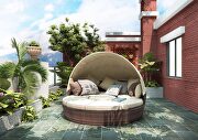 L086 (Beige) Round outdoor sectional sofa set rattan daybed sunbed with retractable canopy