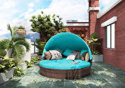 L086 (Blue) Round outdoor sectional sofa set rattan daybed sunbed with retractable canopy