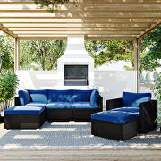 6pcs outdoor patio sectional all weather pe wicker rattan sofa set with glass table, blue cushion/ brown wicker