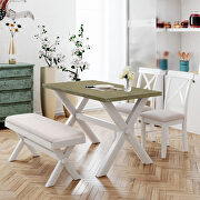 4-pieces rustic gray green/ white wood dining table set with upholstered 2 x-back chairs and bench main photo