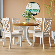 Midcentury solid wood 5-piece walnut/ beige round  table set with upholstered chairs main photo