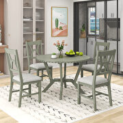 W047 (Green) Mid-century 5-piece green dining table set: round table with cross legs and 4 upholstered chairs