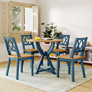 Antique oak and blue mid-century 5-piece round dining table set with 4 cross back dining chairs main photo