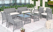 L104 (Gray III) Gray rattan + beige cushion chair, sofa and table patio 8 piece set