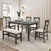 6-piece gray wood dining table set with upholstered bench and 4 dining chairs main photo