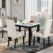 White/beige faux marble 5-piece dining set table with 4 thicken cushion dining chairs main photo