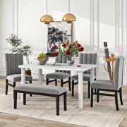 6-piece dining table set with marble veneer table and 4 flannelette upholstered dining chairs, bench in white/ gray main photo
