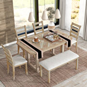 6-piece rubber wood dining table set with beautiful wood grain pattern tabletop solid wood veneer and soft cushion natural wood wash main photo