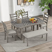 AA049 (Gray) 6-piece rubber wood dining table set with beautiful wood grain pattern tabletop solid wood veneer and soft cushion gray