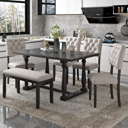 YJ059 (Gray) 6-piece dining table, chair and bench set with special shaped legs in gray