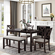 Espresso wood 6-piece dining table set rectangular dining table, 4 fabric chairs and bench main photo