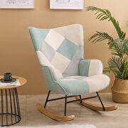 Blue patchwork linen fabric mid-century rocking chair with wood legs main photo
