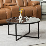 Cross legs coffee table with metal base glass top in black marble color printed main photo