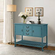 Teal wood console table with drawers and shelves main photo