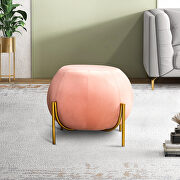 Pink velvet drum-shaped wide ottoman with gold metal legs main photo