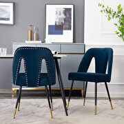 Modern blue velvet upholstered dining chair with nailheads and black metal legs, set of 2 main photo