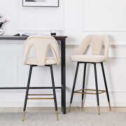 SW180 (Beige) Beige velvet upholstered bar stool with nailheads and gold tipped black metal legs, set of 2