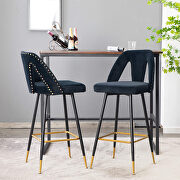 Black velvet upholstered bar stool with nailheads and gold tipped black metal legs, set of 2 main photo