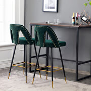 Green velvet upholstered bar stool with nailheads and gold tipped black metal legs, set of 2 main photo