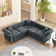 GR101 (Gray) Ggray velvet deep button tufted back chesterfield l-shaped sofa