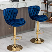 Set of 2 navy blue velvet swivel bar stools with golden chrome footrest and base leg main photo