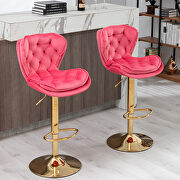 Set of 2 pink velvet swivel bar stools with golden chrome footrest and base leg main photo