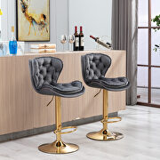 Set of 2 gray velvet swivel bar stools with golden chrome footrest and base leg main photo