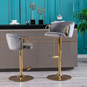 Gray velvet set of 2 bar stools with golden chrome footrest and swivel lift base main photo