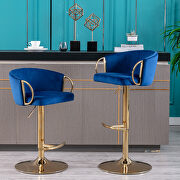 Navy velvet set of 2 bar stools with golden chrome footrest and swivel lift base main photo