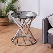 Gray tempered glass round top and silver stainless steel base modern spiral end table main photo