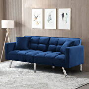 Navy blue velvet futon sofa sleeper with 2 pillows main photo