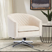 Beige velvet swivel barrel chair with nailheads and metal base