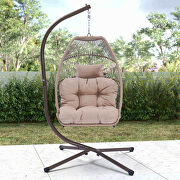 Outdoor patio wicker folding hanging chair rattan with khaki cushion and pillow main photo