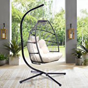 SW010 (Light Beige) Outdoor patio wicker folding hanging chair rattan with light beige cushion and pillow