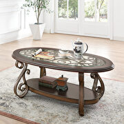 Coffee table with glass table top and powder coat finish metal legs in dark brown