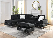 DD239 (Black) Black velvet sectional sofa with reversible chaise storage ottoman and cup holders