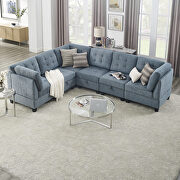 Navy chenille l-shape modular sectional sofa includes three single chair and three corner main photo