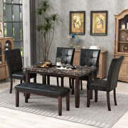 W100 6-piece faux marble dining table set with faux marble dining table, 4 chairs and  bench in black