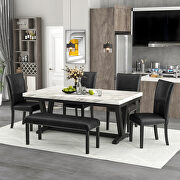 W046 6-piece dining table set: faux marble top table, 4 upholstered seats and bench