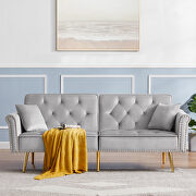 Light gray velvet tufted nailhead trim futon sofa bed with metal legs main photo