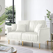 A107 (Cream) Cream white velvet handcrafted channel tufting loveseat with metal legs