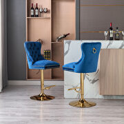 TN560 (Blue) Blue velvet upholstered bar stool with tufted high back and chrome golden base set of 2