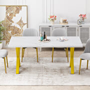Modern square dining table with printed white marble top and gold x-shape legs main photo