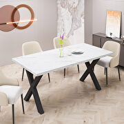 Modern square dining table with printed white marble top and black x-shape legs main photo
